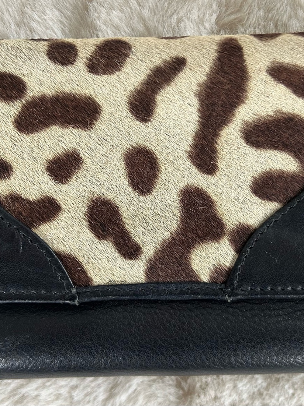 Snow Leopard Print Haircalf and Black Leather Italian Wallet